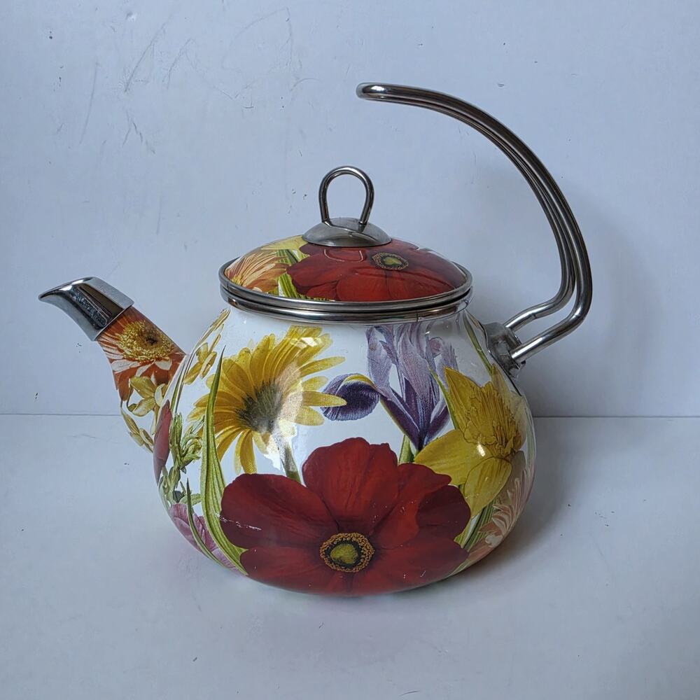 Pioneer Woman Enameled Steel Flower Garden Tea Pot Kettle Floral Retired 2.3 Qt